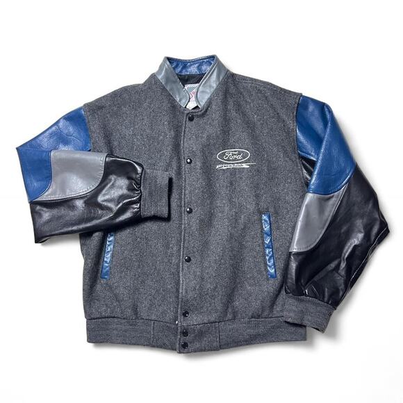 Ford Enforcer 90s Made in Canada Grey Blue Wool Leather Varsity Jacket Large - Picture 1 of 7